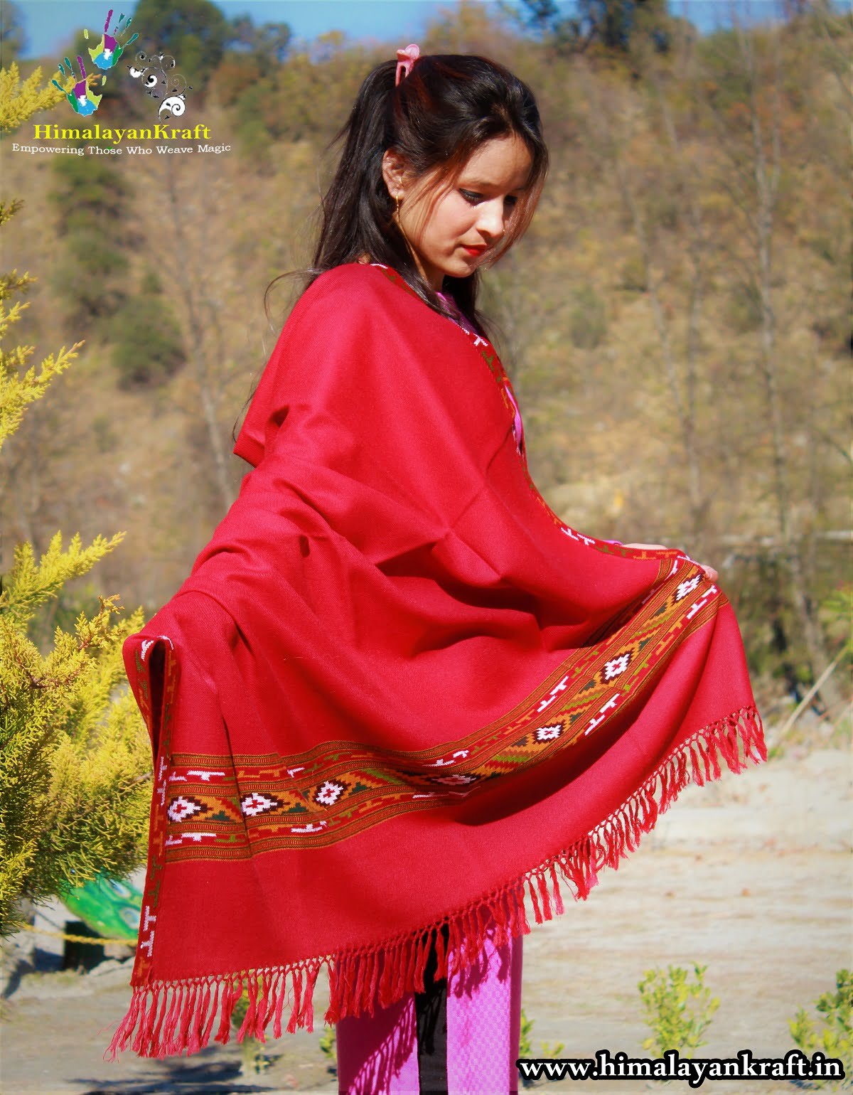Red Woolen Hand Woven Kullu Design Border Shawl